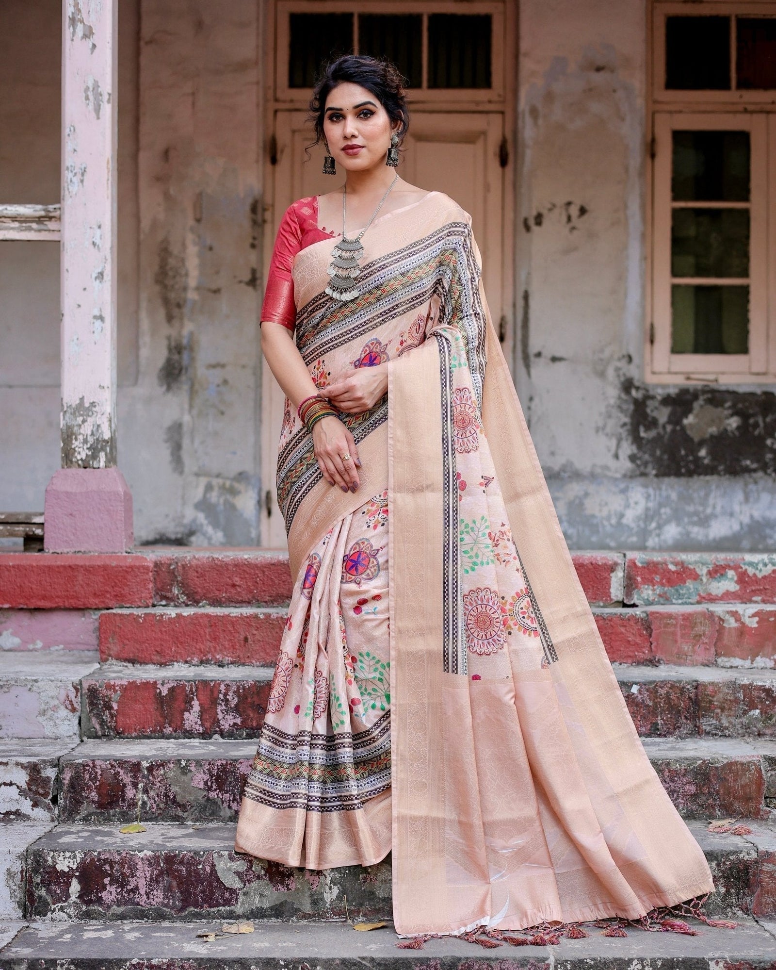 Elegant Peach Banarasi Silk Saree with Multicolor Embroidery and Tassels BANARASI PRINTED