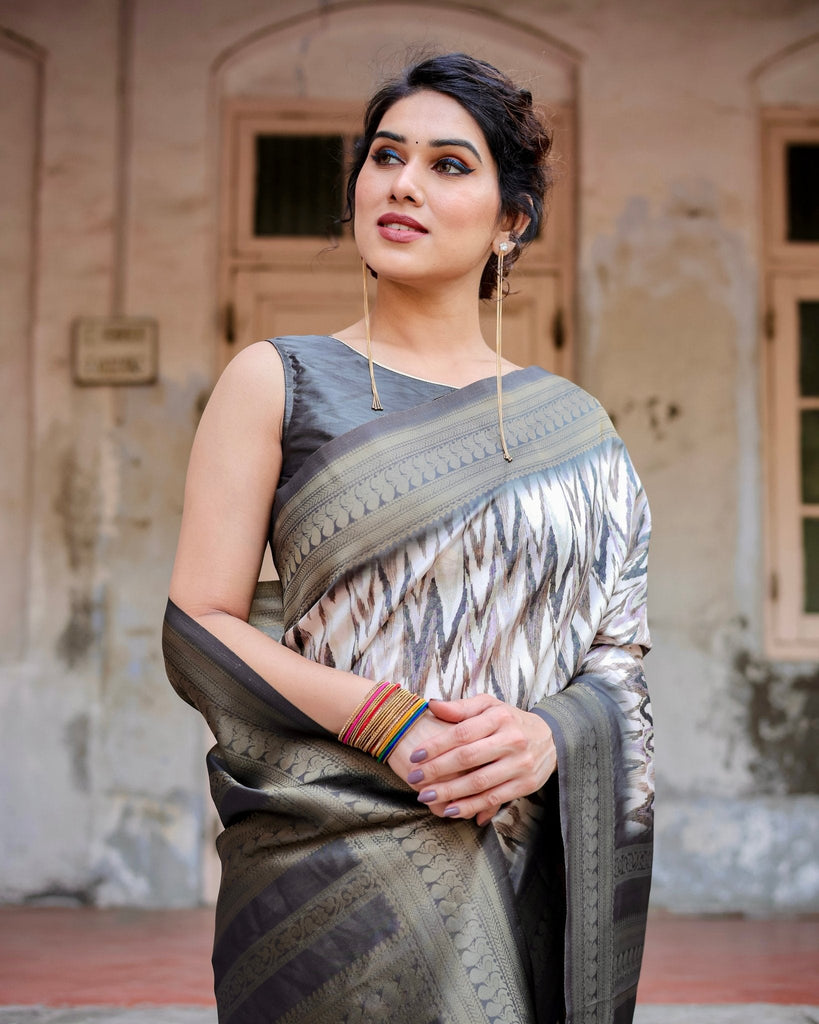 Elegant Banarasi Silk Saree with Zari Weaving and Tassels in Shades of Grey and Black BANARASI PRINTED