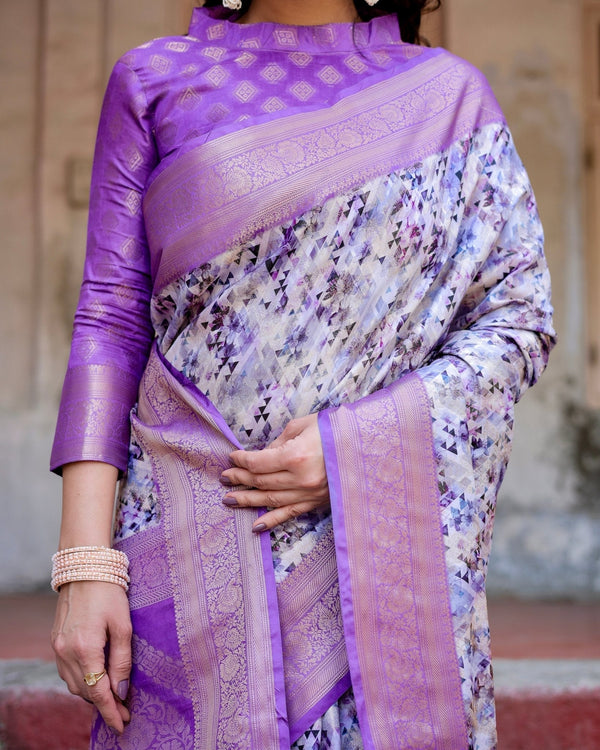 Lavender and White Geometric Floral Digital Print Banarasi Silk Saree with Zari Weave and Tassel-Embellished Pallu BANARASI PRINTED