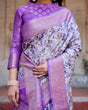 Load image into Gallery viewer, Lavender and White Geometric Floral Digital Print Banarasi Silk Saree with Zari Weave and Tassel-Embellished Pallu BANARASI PRINTED