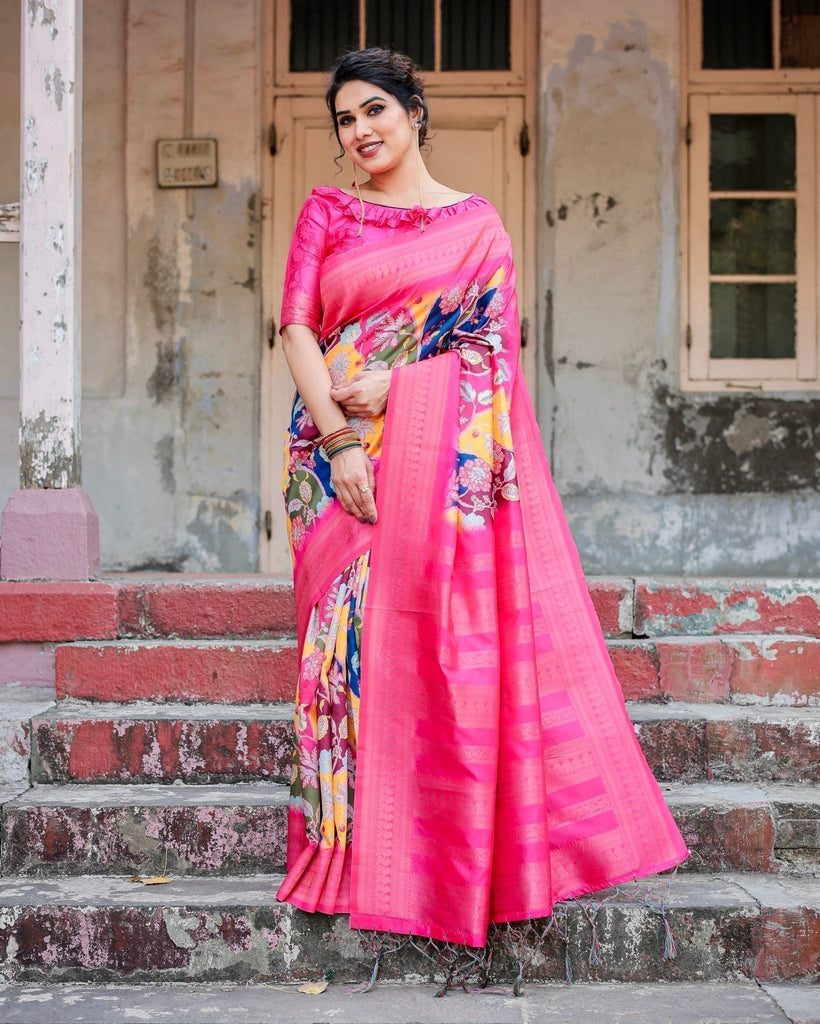 Hot Pink Multicolor Floral Digital Printed Banarasi Silk Saree with Zari Woven Border and Solid Pink Pallu - Includes Tassels BANARASI PRINTED