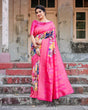 Load image into Gallery viewer, Hot Pink Multicolor Floral Digital Printed Banarasi Silk Saree with Zari Woven Border and Solid Pink Pallu - Includes Tassels BANARASI PRINTED