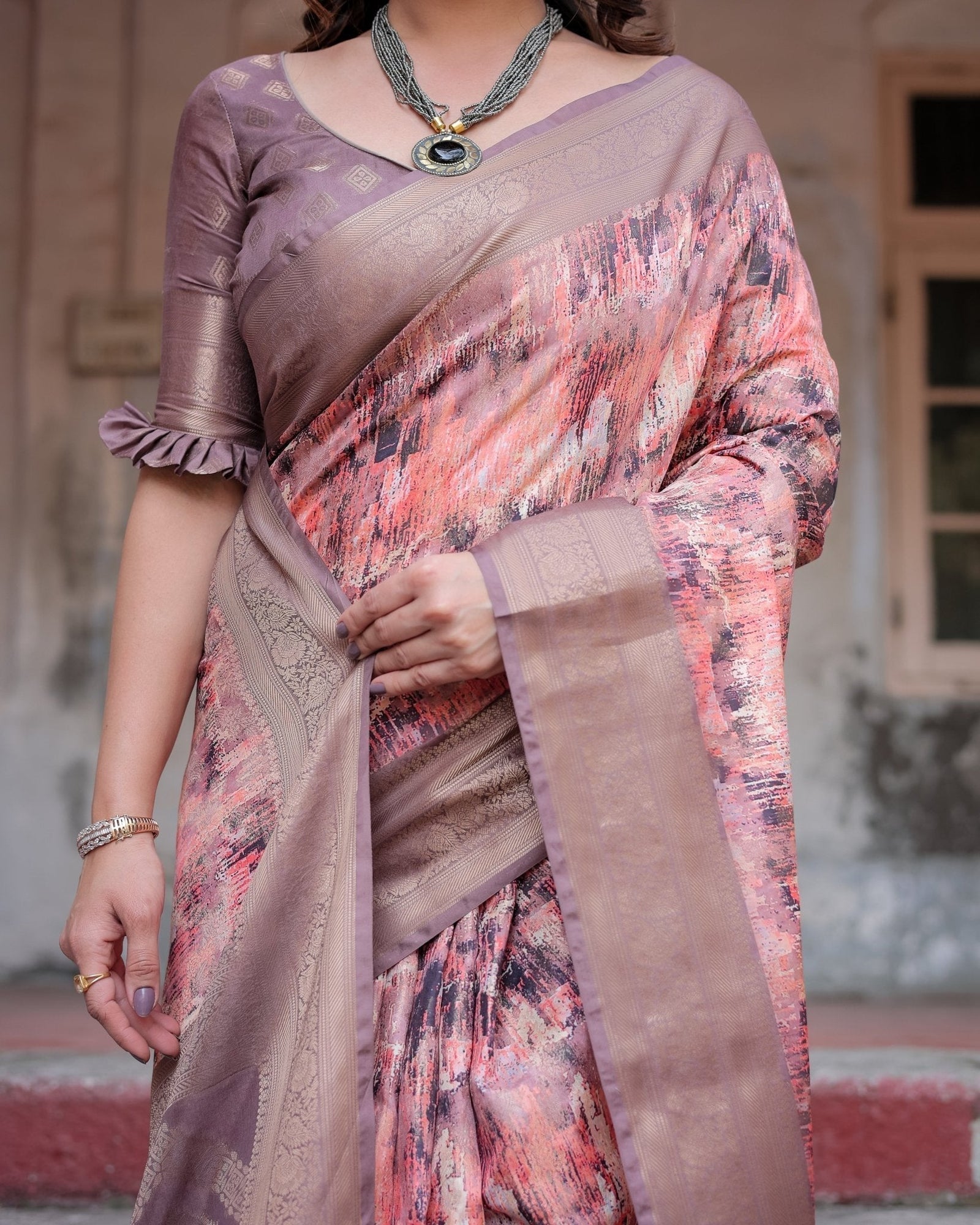Peach and Brown Abstract Design Banarasi Silk Saree with Zari Weave and Tassel-Embellished Pallu BANARASI PRINTED