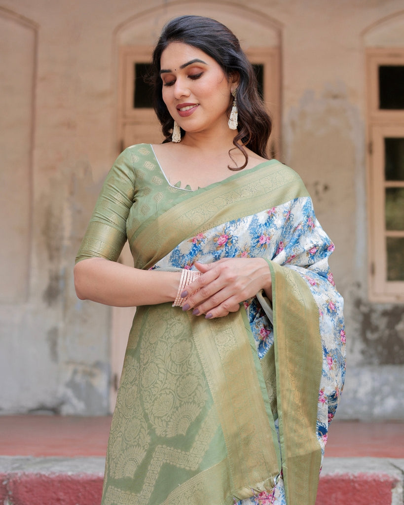 Blue and Green Floral Digital Print Banarasi Silk Saree with Zari Weave and Tassel-Embellished Pallu BANARASI PRINTED