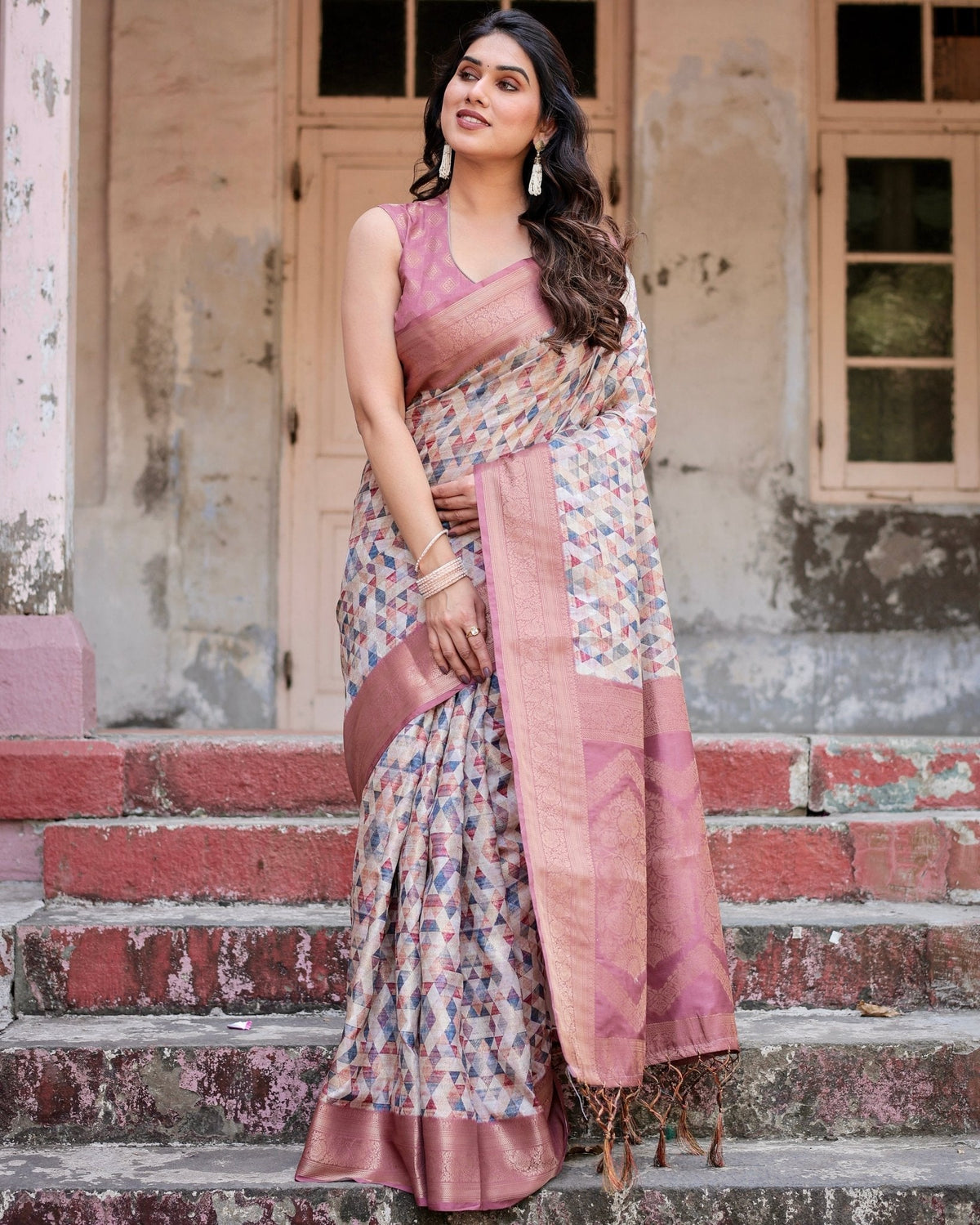 Beige and Pink Geometric Print Banarasi Silk Saree with Zari Weave and Tassel-Embellished Pallu BANARASI PRINTED Main image