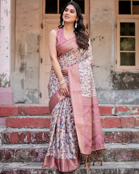 Beige and Pink Geometric Print Banarasi Silk Saree with Zari Weave and Tassel-Embellished Pallu BANARASI PRINTED Main image