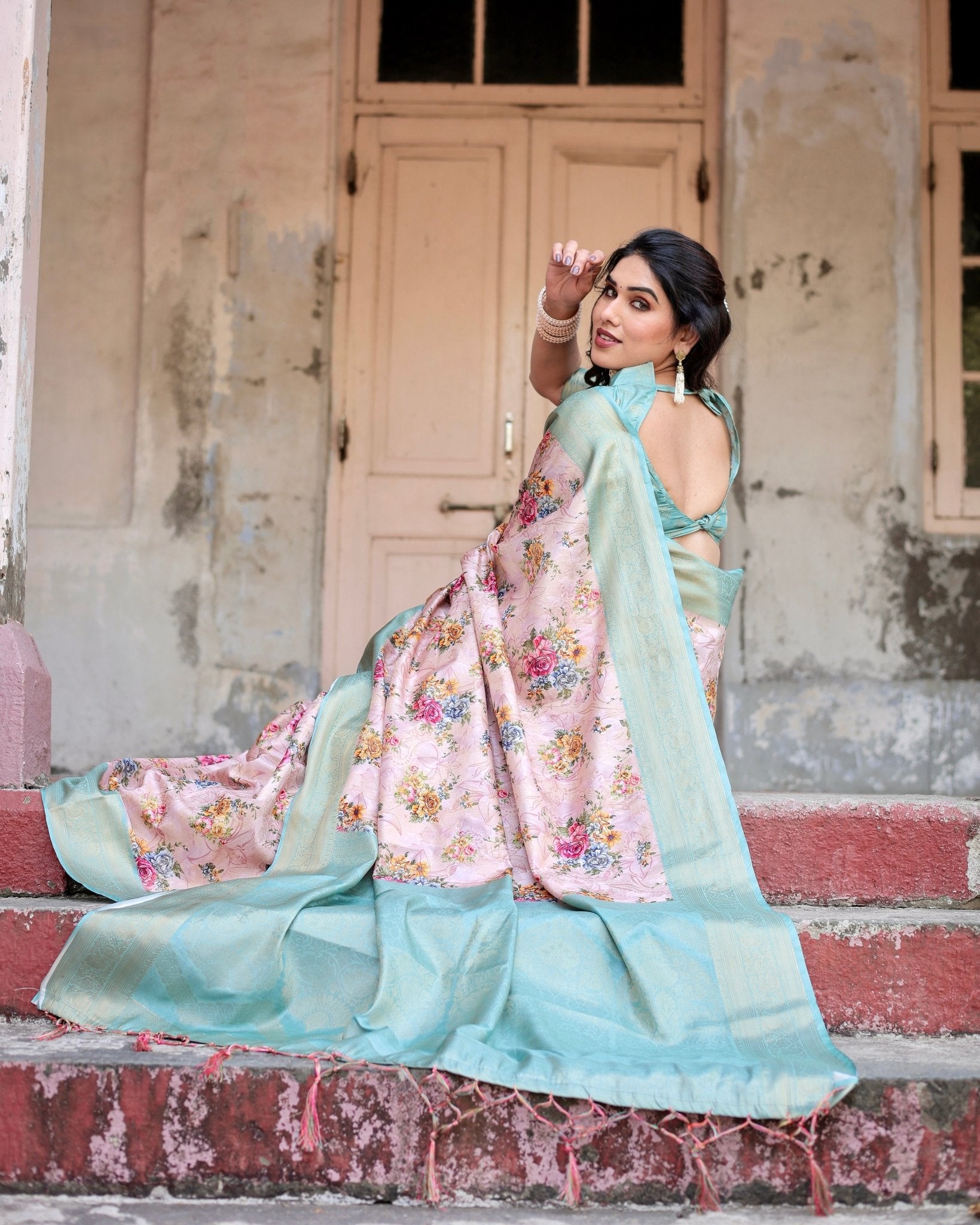 Pink and Green Floral Digital Print Banarasi Silk Saree with Zari Weave and Tassel Pallu BANARASI PRINTED