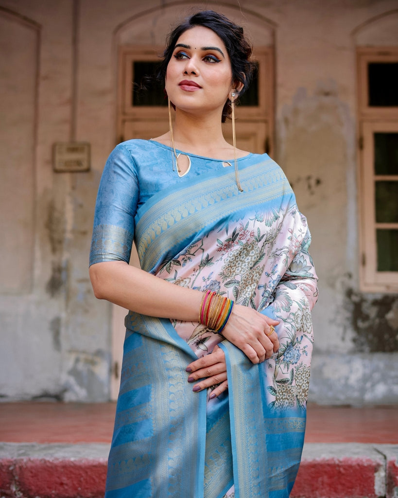 Elegant Floral Banarasi Silk Saree in Sky Blue and Blush Pink with Zari Weave and Tassels BANARASI PRINTED