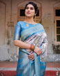 Load image into Gallery viewer, Elegant Floral Banarasi Silk Saree in Sky Blue and Blush Pink with Zari Weave and Tassels BANARASI PRINTED