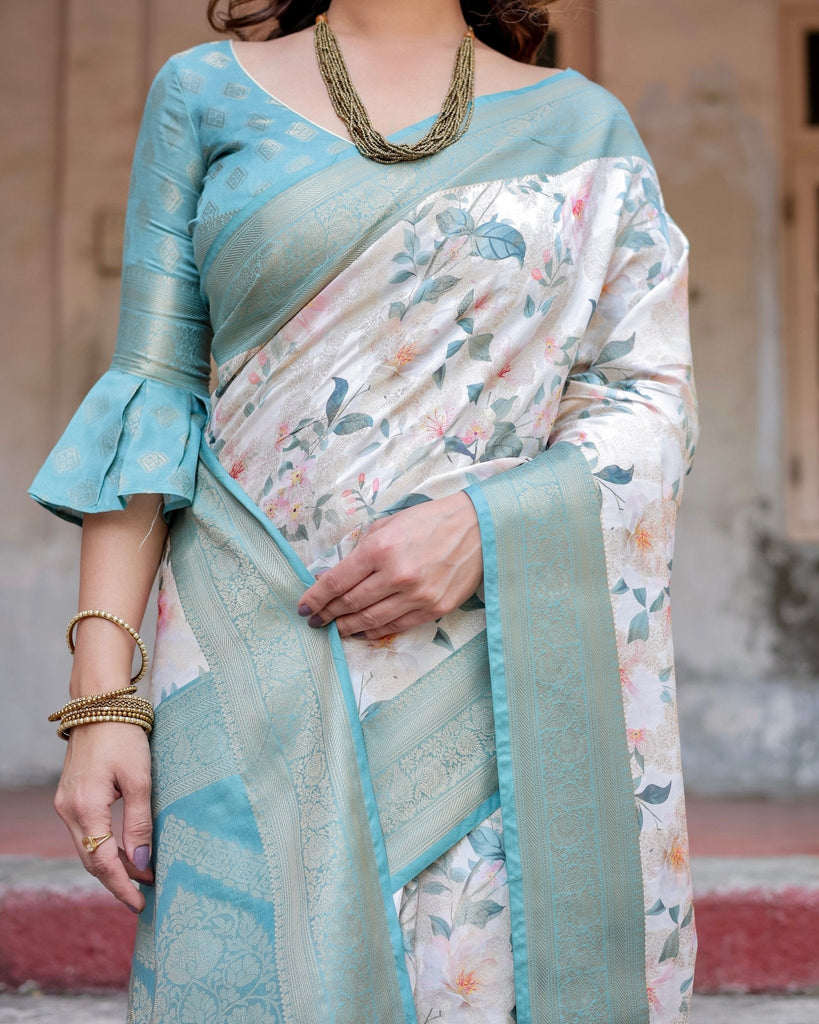 White and Aqua Floral Digital Print Banarasi Silk Saree with Zari Weave and Tassel-Adorned Pallu BANARASI PRINTED