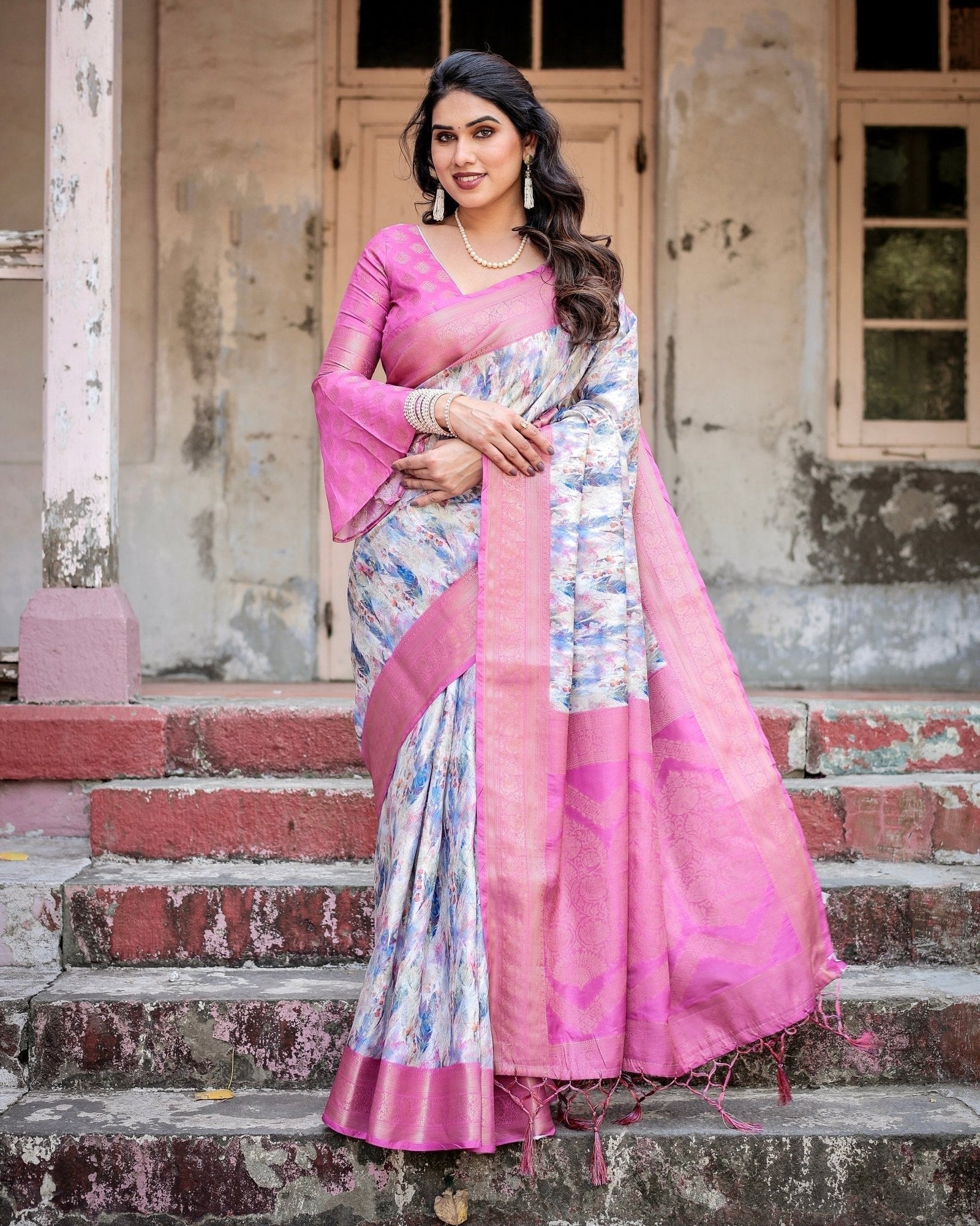 White and Pink Floral Digital Print Banarasi Silk Saree with Zari Weave and Tassel-Embellished Pallu BANARASI PRINTED