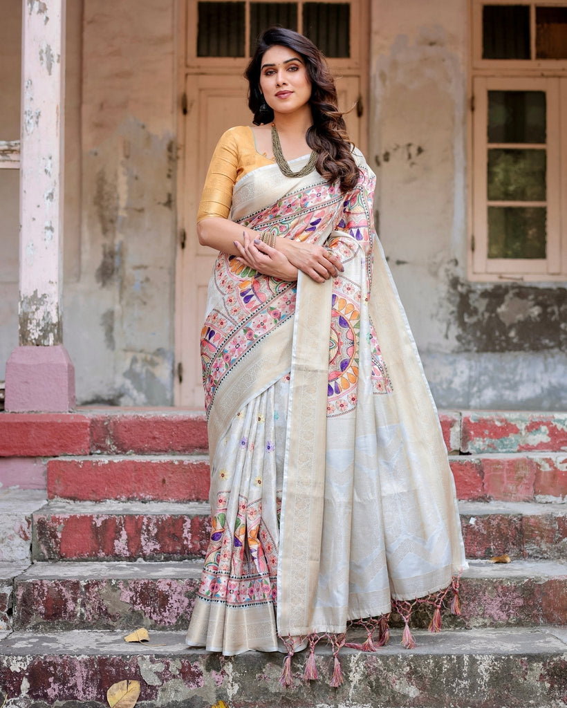 Off-White and Multicolor Mandala Design Banarasi Silk Saree with Zari Weave and Tassel-Adorned Pallu BANARASI PRINTED