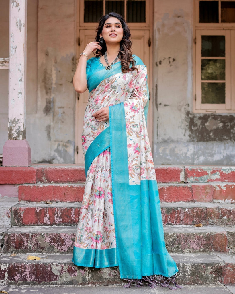 White and Aqua Floral Design Banarasi Silk Saree with Zari Weave and Tassel-Embellished Pallu BANARASI PRINTED
