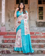 Load image into Gallery viewer, White and Aqua Floral Design Banarasi Silk Saree with Zari Weave and Tassel-Embellished Pallu BANARASI PRINTED