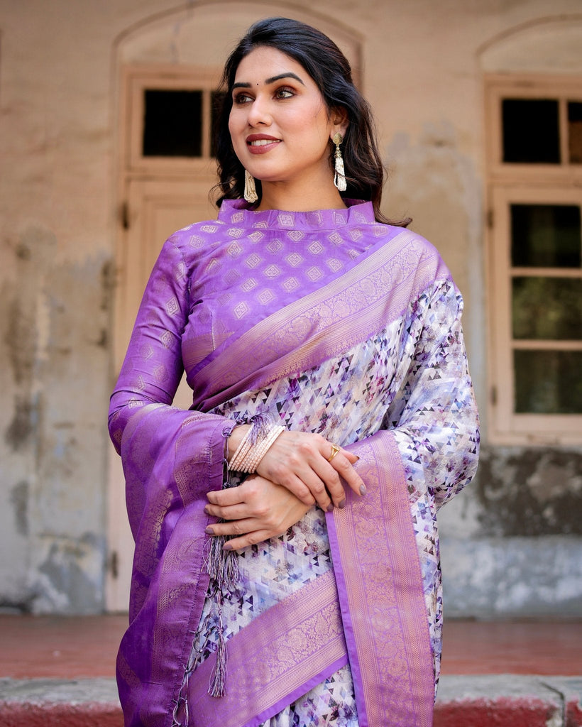 Lavender and White Geometric Floral Digital Print Banarasi Silk Saree with Zari Weave and Tassel-Embellished Pallu BANARASI PRINTED