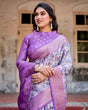 Load image into Gallery viewer, Lavender and White Geometric Floral Digital Print Banarasi Silk Saree with Zari Weave and Tassel-Embellished Pallu BANARASI PRINTED