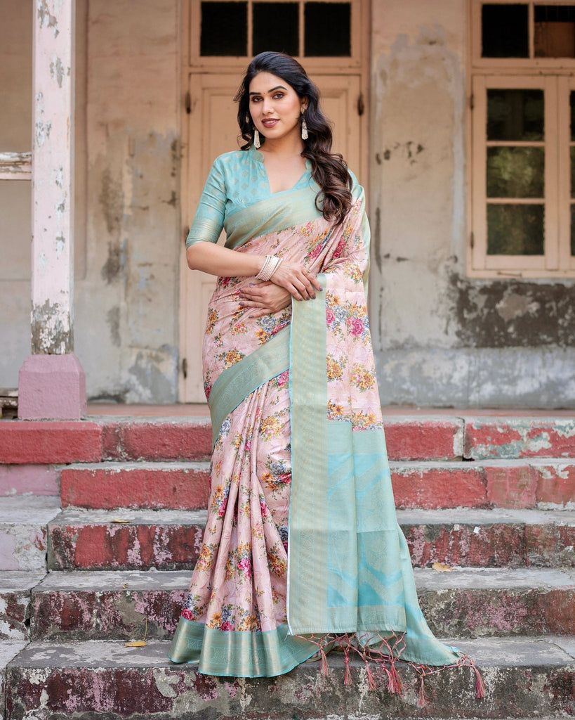 Pink and Green Floral Digital Print Banarasi Silk Saree with Zari Weave and Tassel Pallu BANARASI PRINTED