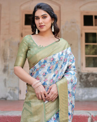 Blue and Green Floral Digital Print Banarasi Silk Saree with Zari Weave and Tassel-Embellished Pallu BANARASI PRINTED