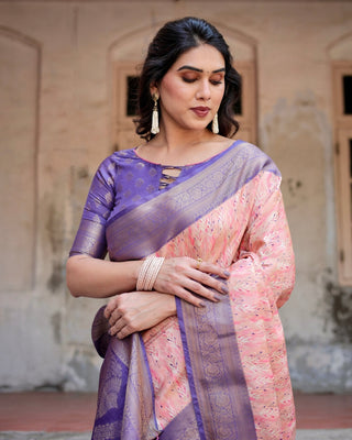 Peach and Purple Floral Digital Print Banarasi Silk Saree with Zari Weave and Tassel-Adorned Pallu BANARASI PRINTED