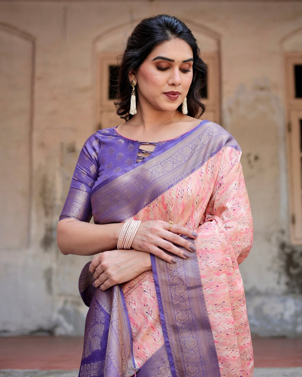 Peach and Purple Floral Digital Print Banarasi Silk Saree with Zari Weave and Tassel-Adorned Pallu BANARASI PRINTED