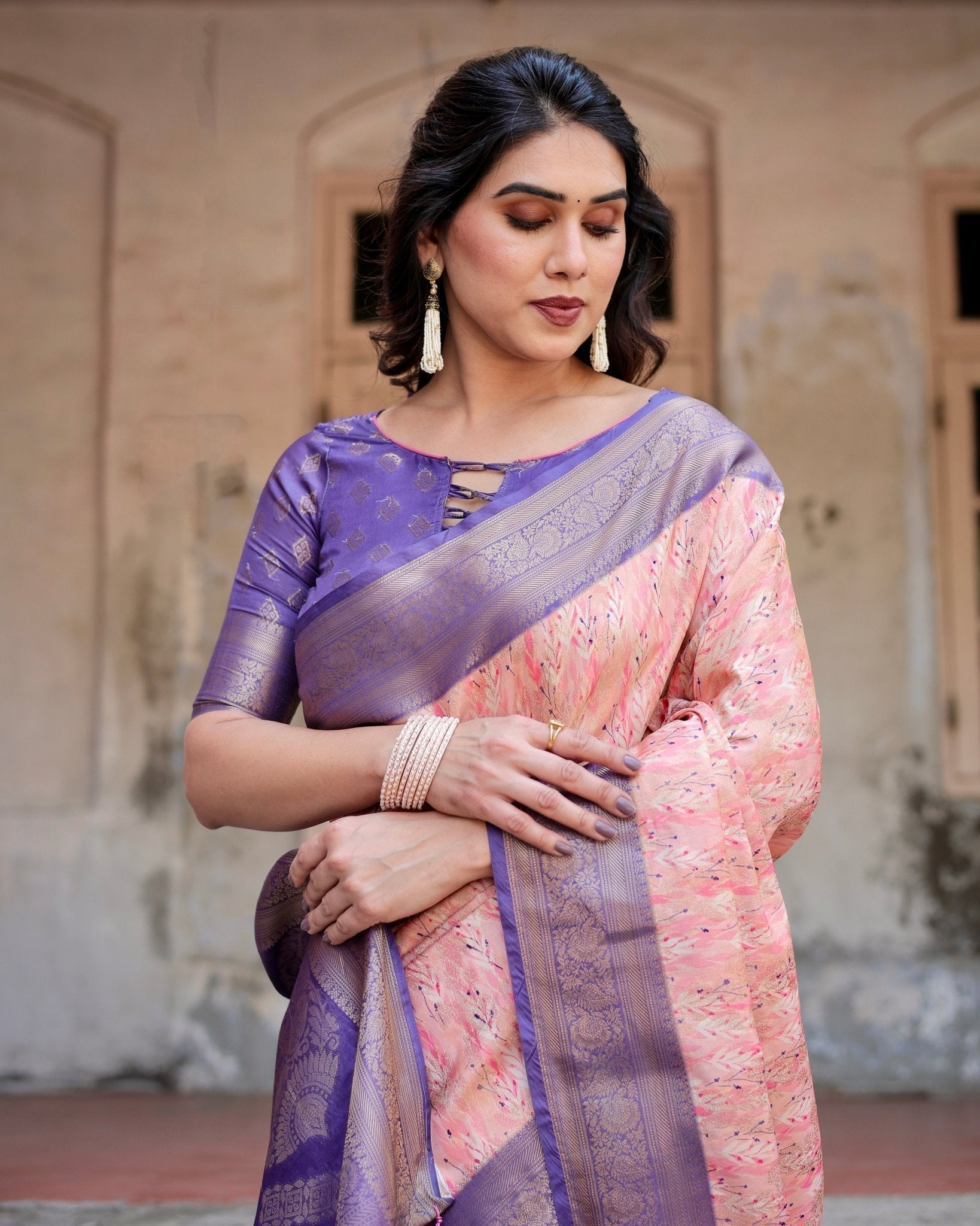 Peach and Purple Floral Digital Print Banarasi Silk Saree with Zari Weave and Tassel-Adorned Pallu BANARASI PRINTED