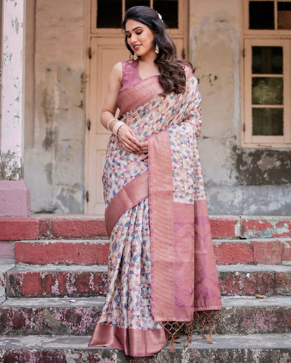 Beige and Pink Geometric Print Banarasi Silk Saree with Zari Weave and Tassel-Embellished Pallu BANARASI PRINTED