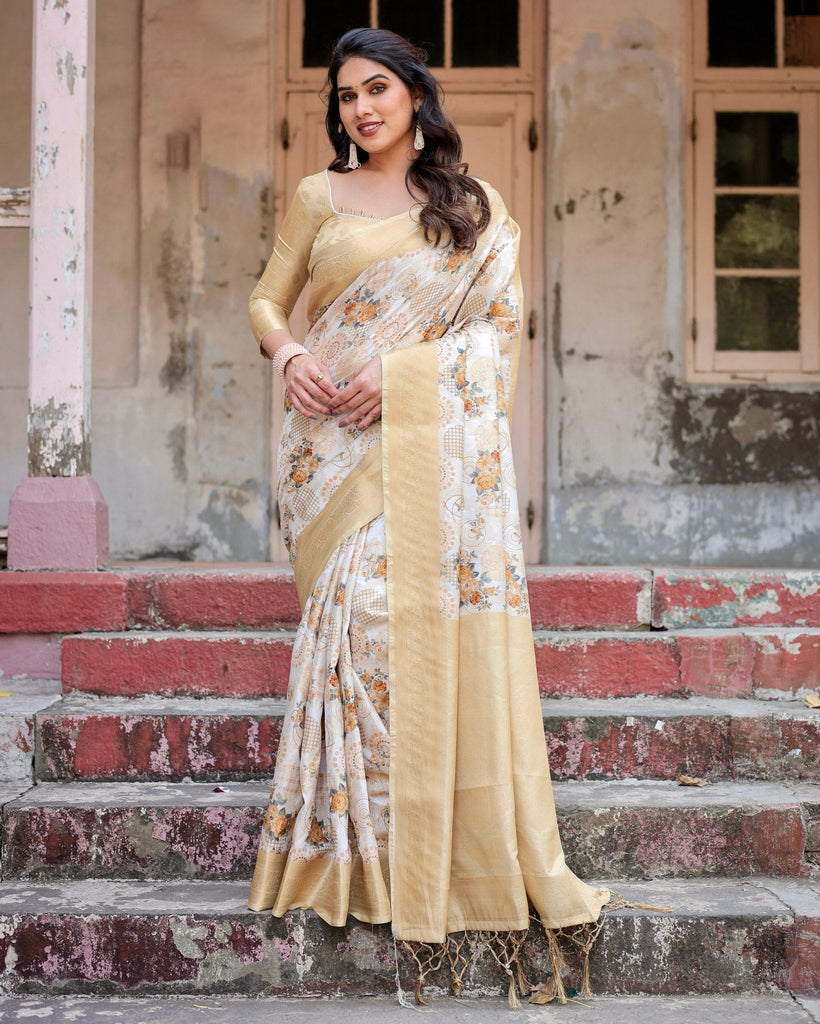 Ivory and Gold Banarasi Silk Saree with Floral Print, Zari Border, and Tassels BANARASI PRINTED