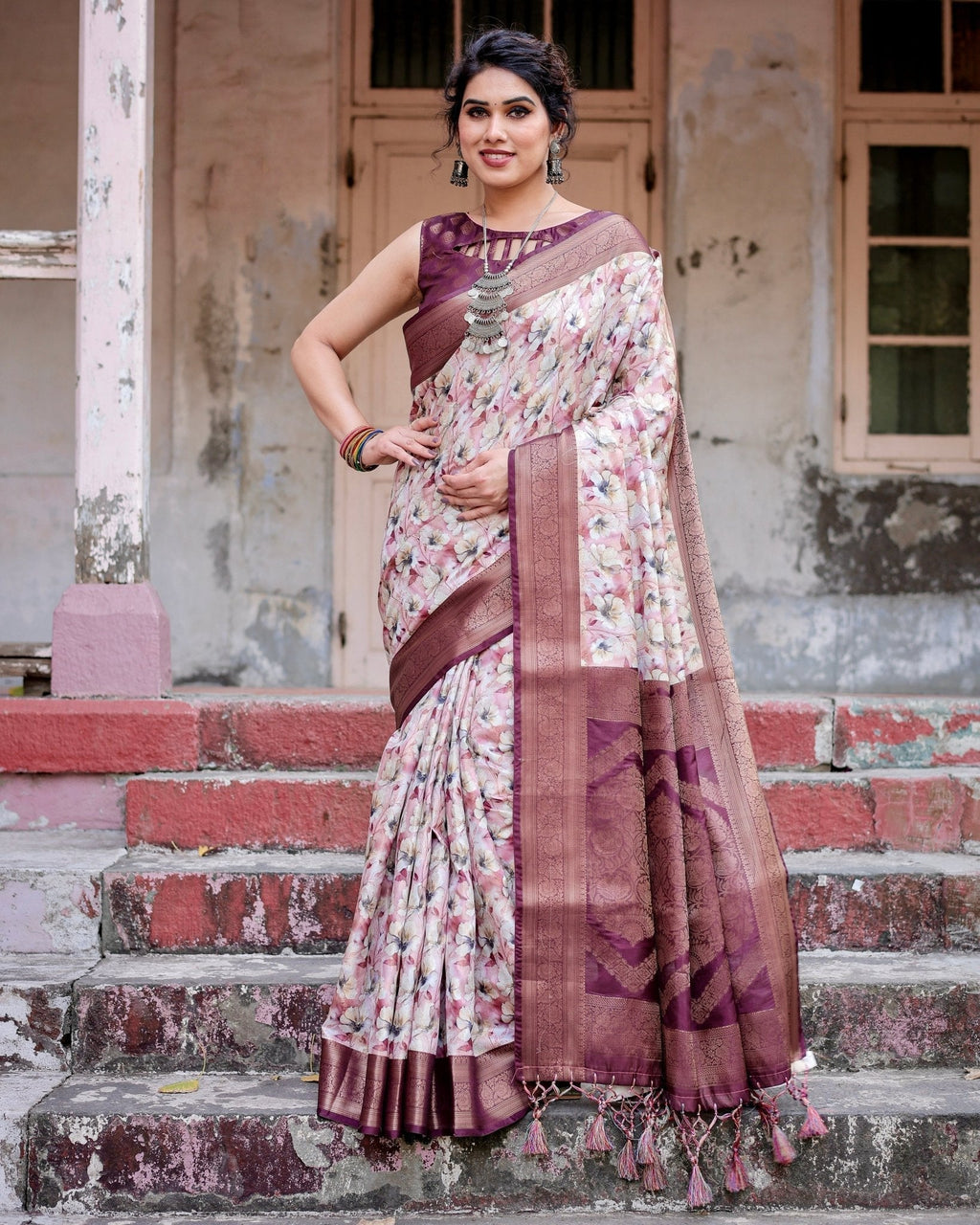 Elegant Wine Floral Banarasi Silk Saree with Zari Weave and Tassels BANARASI PRINTED