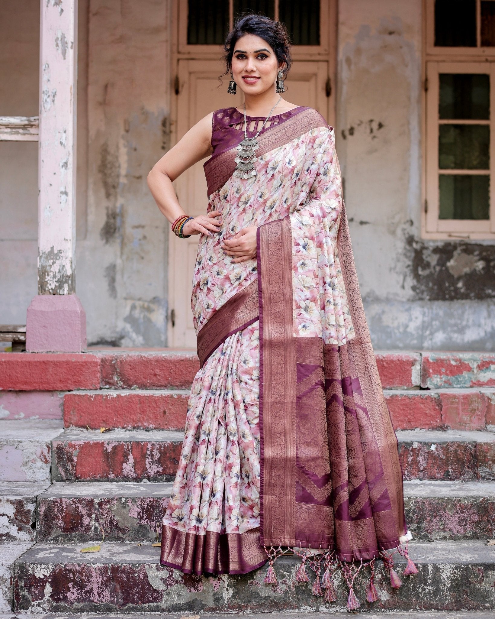 Elegant Wine Floral Banarasi Silk Saree with Zari Weave and Tassels BANARASI PRINTED