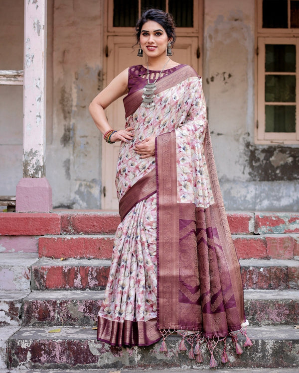 Elegant Wine Floral Banarasi Silk Saree with Zari Weave and Tassels BANARASI PRINTED