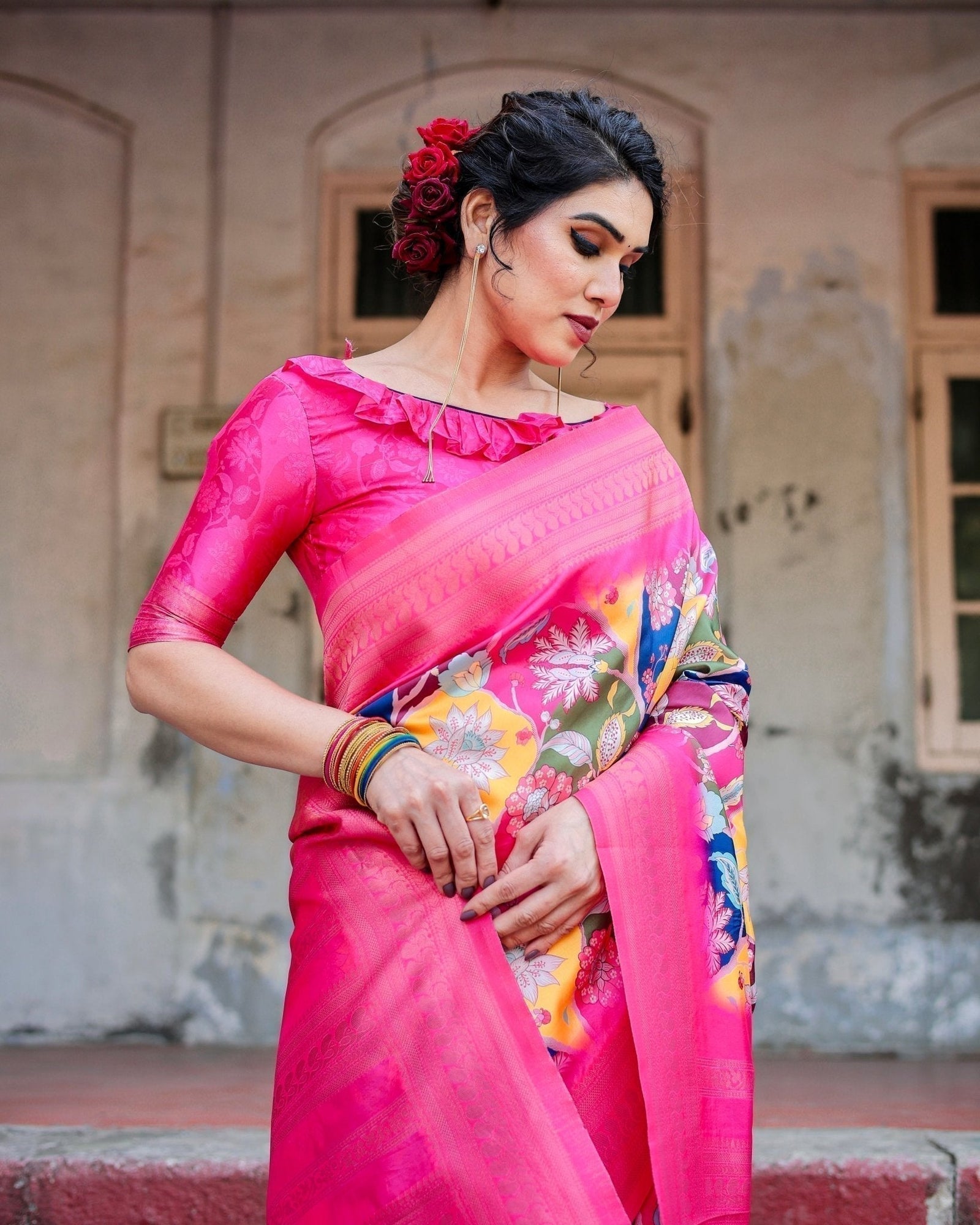 Hot Pink Multicolor Floral Digital Printed Banarasi Silk Saree with Zari Woven Border and Solid Pink Pallu - Includes Tassels BANARASI PRINTED