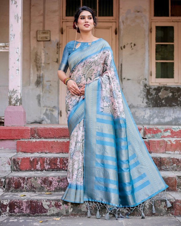 Elegant Floral Banarasi Silk Saree in Sky Blue and Blush Pink with Zari Weave and Tassels BANARASI PRINTED