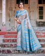 Load image into Gallery viewer, Elegant Floral Banarasi Silk Saree in Sky Blue and Blush Pink with Zari Weave and Tassels BANARASI PRINTED