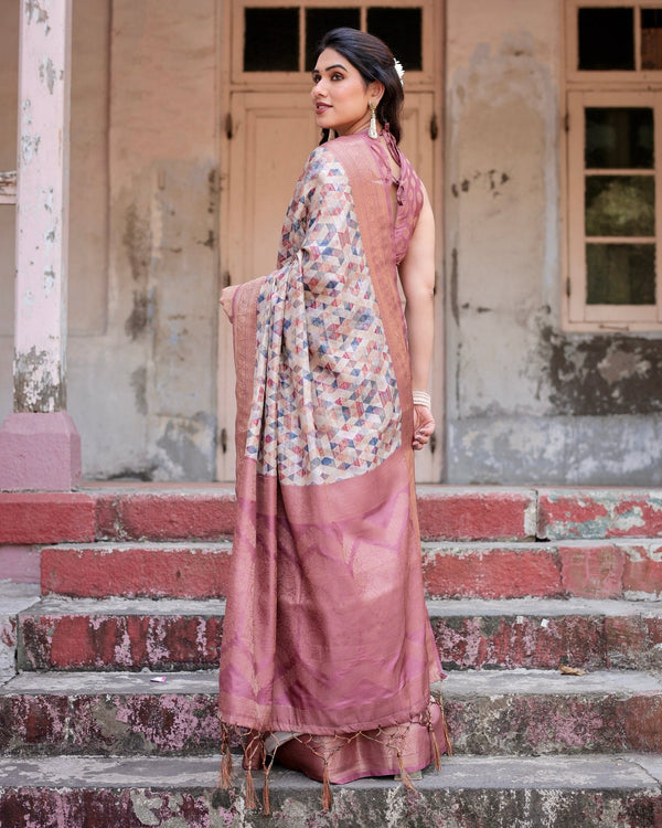 Beige and Pink Geometric Print Banarasi Silk Saree with Zari Weave and Tassel-Embellished Pallu BANARASI PRINTED