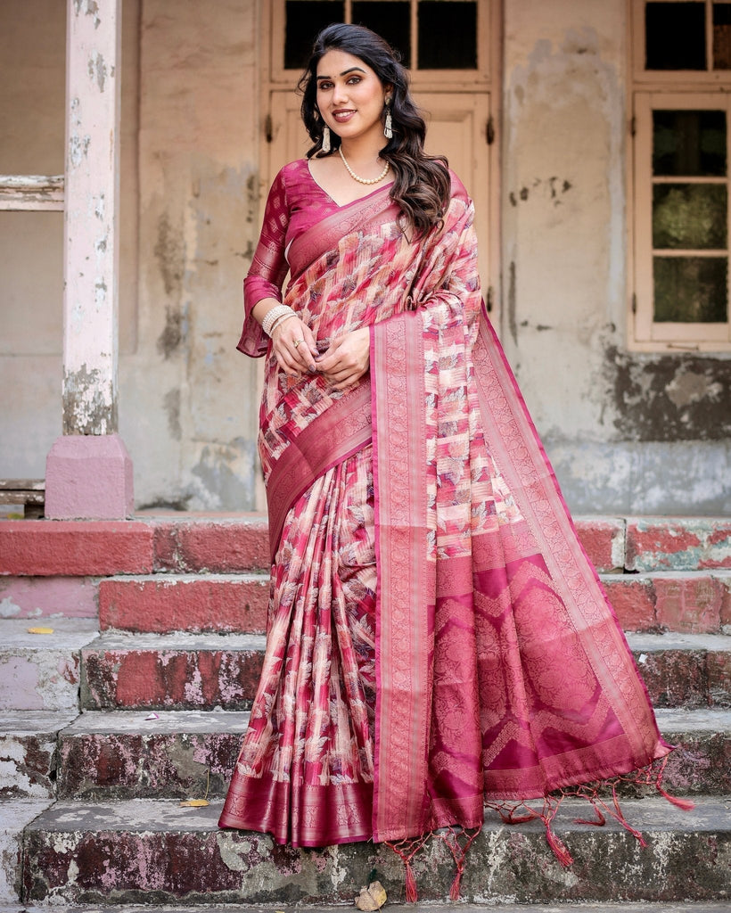 Pink and Maroon Abstract Digital Print Banarasi Silk Saree with Zari Weave and Tassel-Embellished Pallu BANARASI PRINTED
