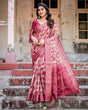 Load image into Gallery viewer, Pink and Maroon Abstract Digital Print Banarasi Silk Saree with Zari Weave and Tassel-Embellished Pallu BANARASI PRINTED