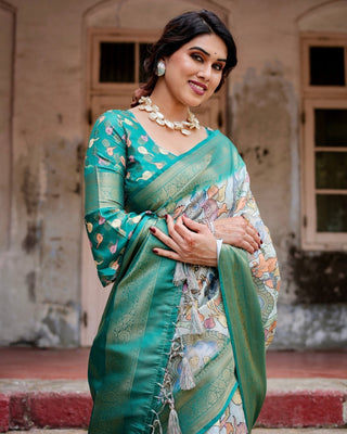 Graceful Green Banarasi Silk Saree with Vibrant Motifs and Zari Woven Pallu BANARASI PRINTED