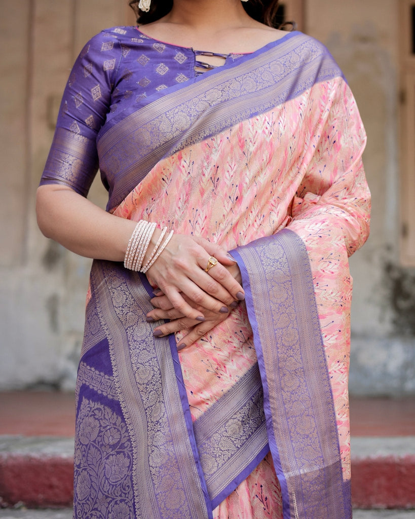 Peach and Purple Floral Digital Print Banarasi Silk Saree with Zari Weave and Tassel-Adorned Pallu BANARASI PRINTED