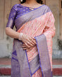 Load image into Gallery viewer, Peach and Purple Floral Digital Print Banarasi Silk Saree with Zari Weave and Tassel-Adorned Pallu BANARASI PRINTED