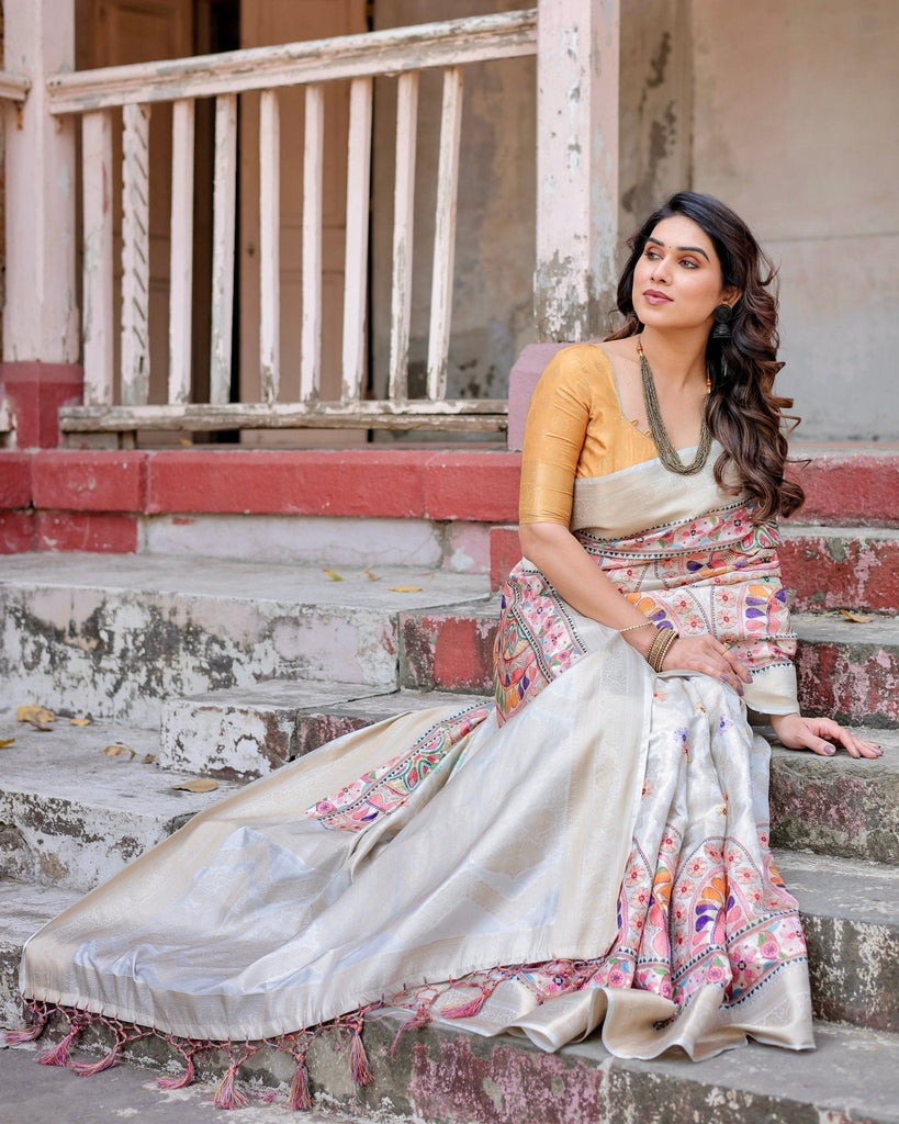 Off-White and Multicolor Mandala Design Banarasi Silk Saree with Zari Weave and Tassel-Adorned Pallu BANARASI PRINTED
