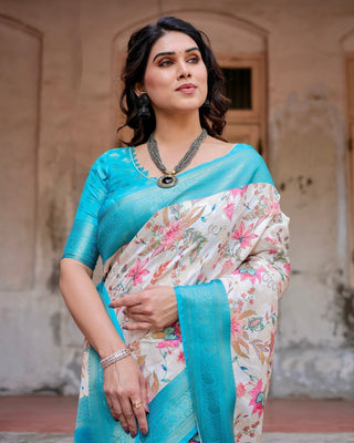 White and Aqua Floral Design Banarasi Silk Saree with Zari Weave and Tassel-Embellished Pallu BANARASI PRINTED