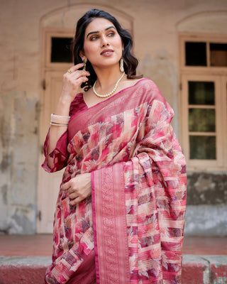 Pink and Maroon Abstract Digital Print Banarasi Silk Saree with Zari Weave and Tassel-Embellished Pallu BANARASI PRINTED