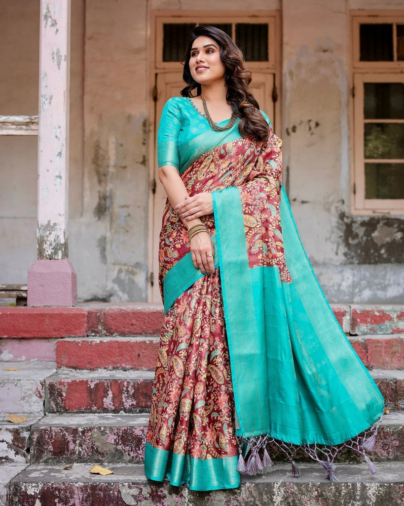 Maroon and Teal Paisley Design Banarasi Silk Saree with Zari Weave and Tassel-Embellished Pallu BANARASI PRINTED