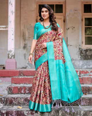 Maroon and Teal Paisley Design Banarasi Silk Saree with Zari Weave and Tassel-Embellished Pallu BANARASI PRINTED