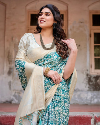 Teal and Cream Floral Banarasi Silk Saree with Zari Weave and Tassel-Accented Pallu BANARASI PRINTED