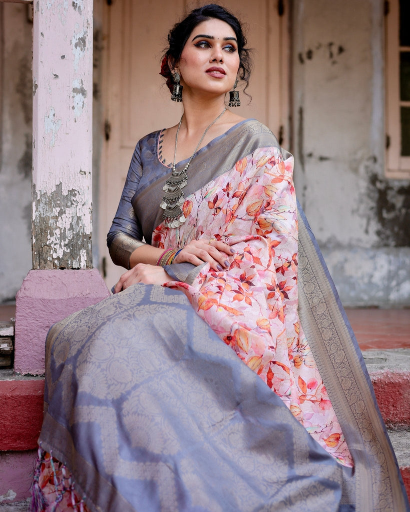 Graceful Grey Banarasi Silk Saree with Floral Elegance and Zari Accents BANARASI PRINTED