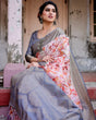 Load image into Gallery viewer, Graceful Grey Banarasi Silk Saree with Floral Elegance and Zari Accents BANARASI PRINTED