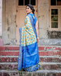 Load image into Gallery viewer, Yellow and Blue Ikat Digital Print Banarasi Silk Saree with Zari Weave and Tassel-Embellished Pallu BANARASI PRINTED