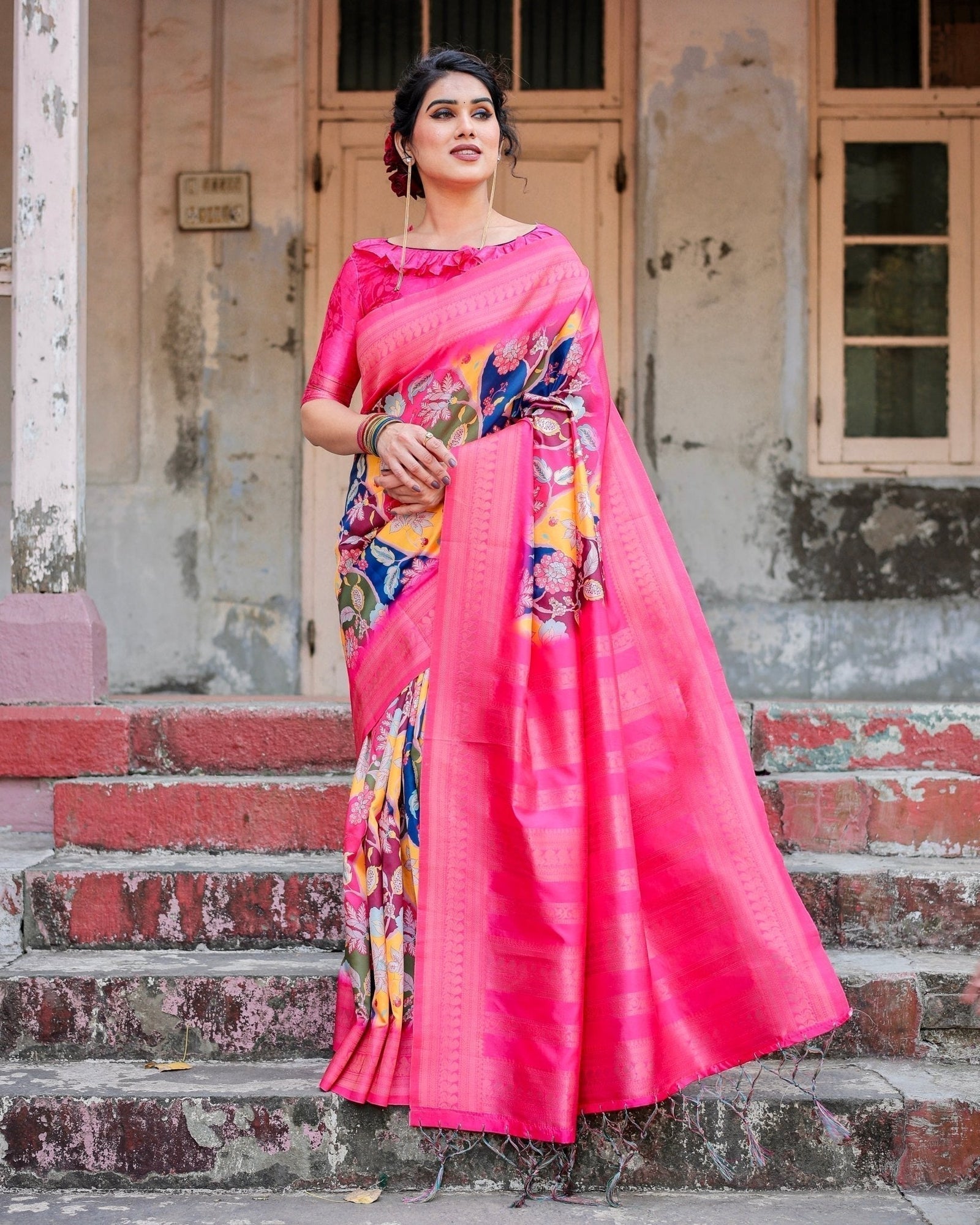 Hot Pink Multicolor Floral Digital Printed Banarasi Silk Saree with Zari Woven Border and Solid Pink Pallu - Includes Tassels BANARASI PRINTED