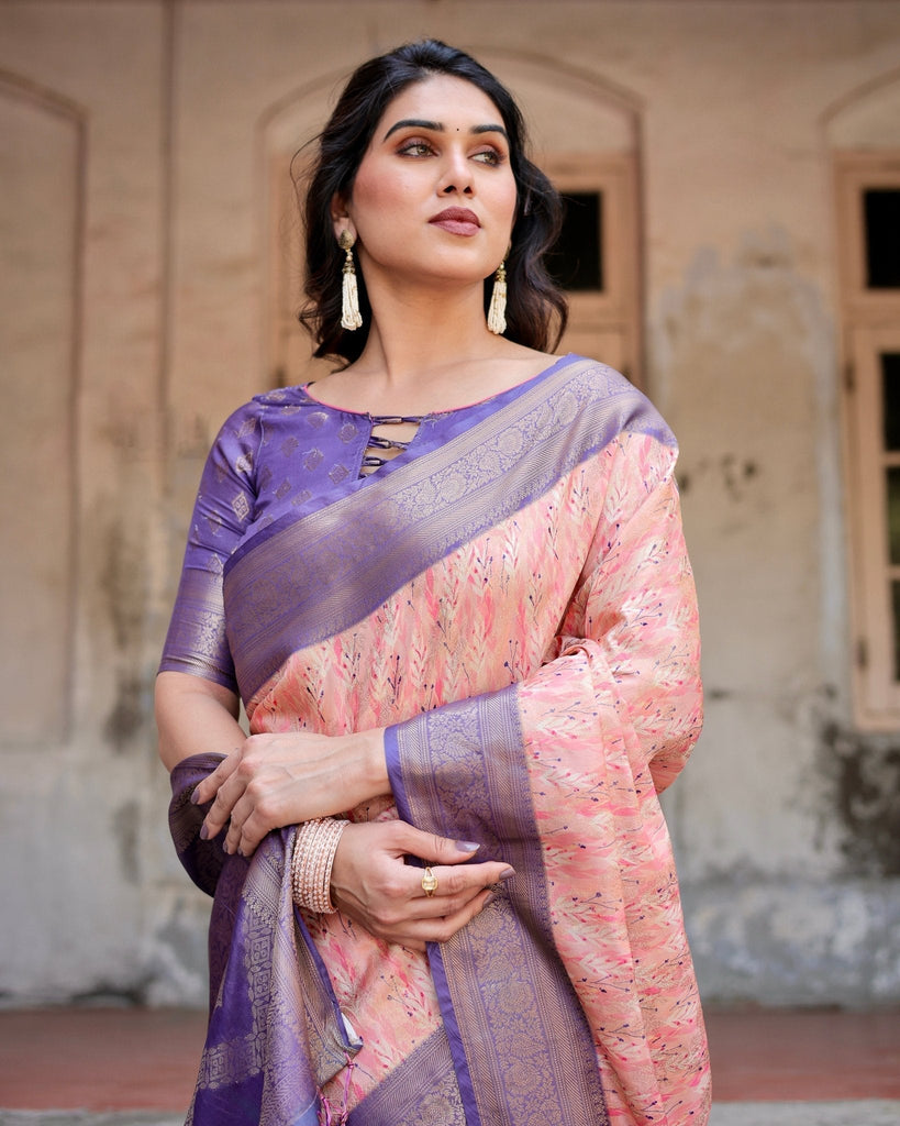 Peach and Purple Floral Digital Print Banarasi Silk Saree with Zari Weave and Tassel-Adorned Pallu BANARASI PRINTED